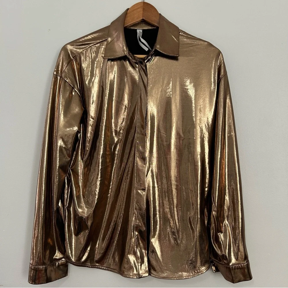 Anthropologie Shine  Gold Button Down Shirt  L - Picture 2 of 16